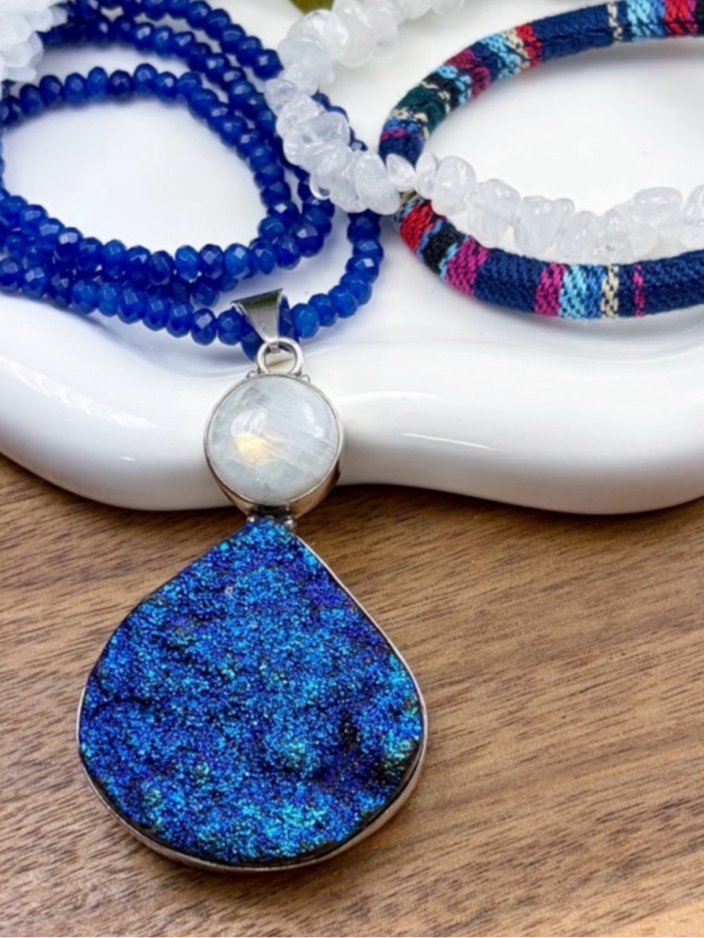 Genuine Titanium Druzy Quartz Moonstone Pendant Necklace Jewelry Set Lot 925